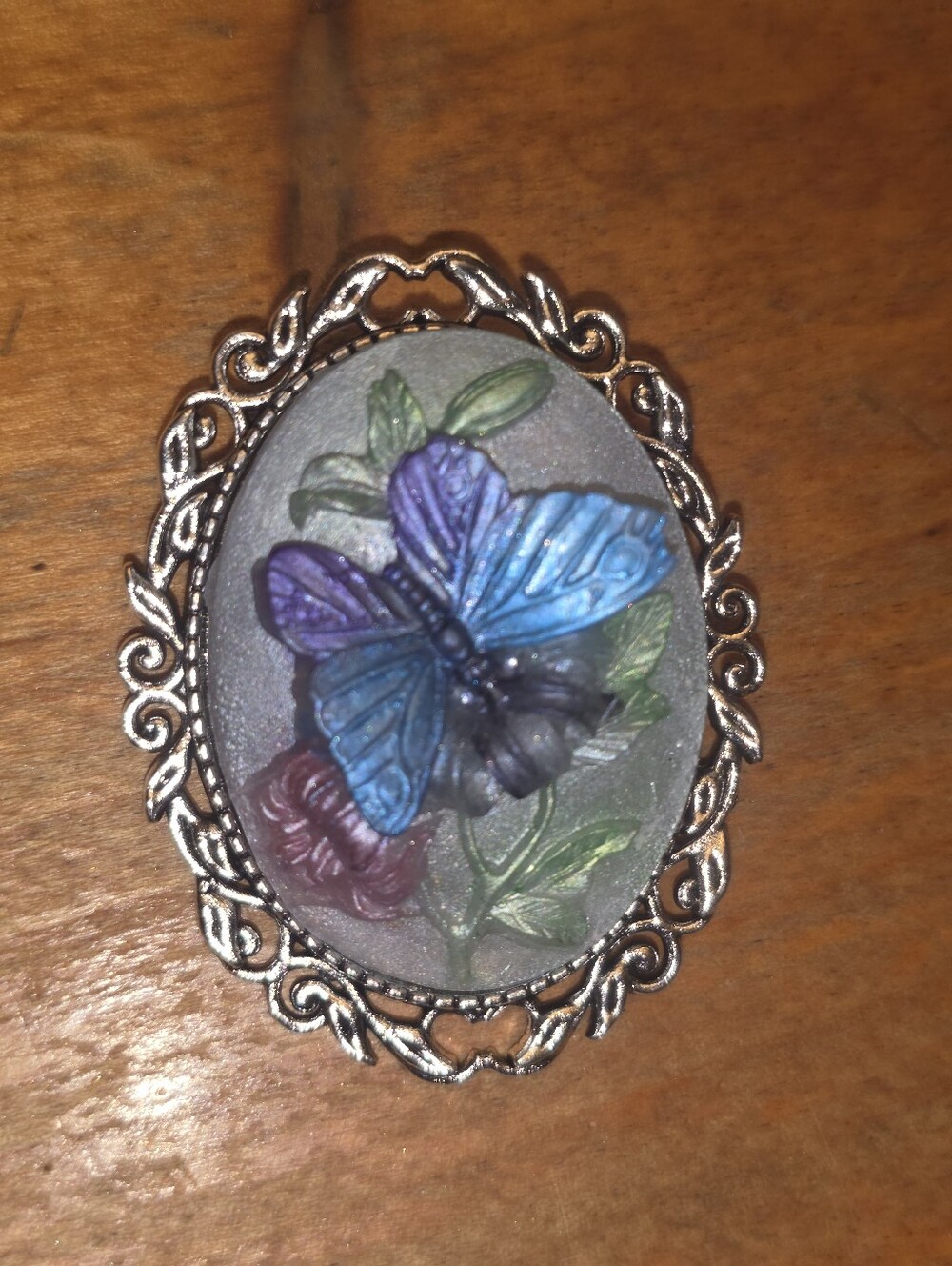 Blue Butterfly Handmade Cameo Brooch In Silver Tone Frame